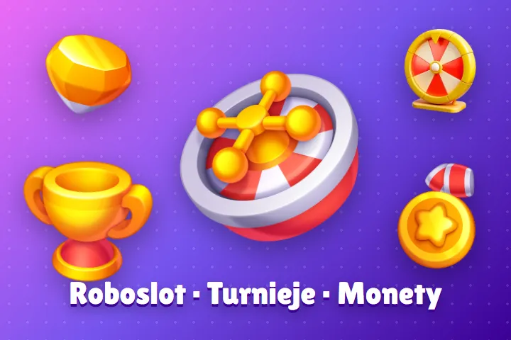 Roboslot, turnieje i monety w kasyno Robocat Polska Kasyno Robocat Polska – koło Roboslot, puchar turniejowy i monety na fioletowym tle