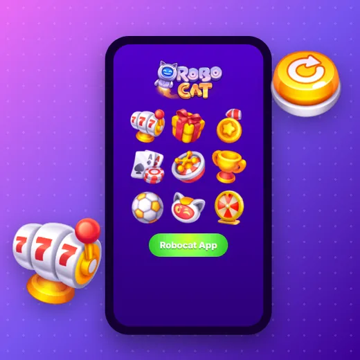 Robocat casino app na telefonie Robocat casino app – ilustracja telefonu z logo Robocat, ikonami działów i przyciskiem Robocat App