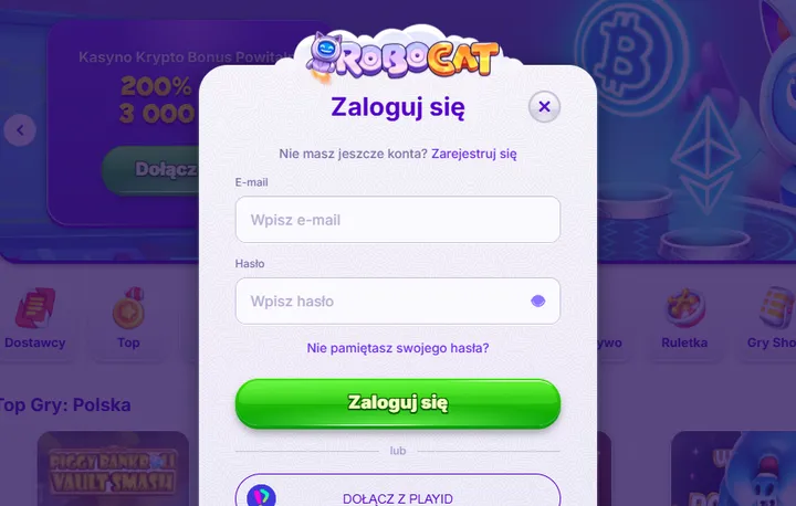 Robocat casino login na komputerze Robocat casino login na komputerze – okno Zaloguj się z polami e-mail i hasło na tle lobby Robocat